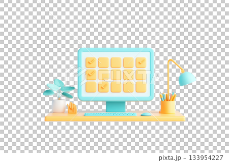 A colorful computer setup featuring a monitor, a desk lamp, a plant, and a holder with stationery. 133954227