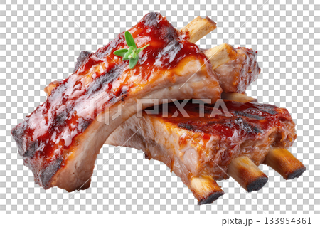 Juicy barbecue ribs glazed with rich sauce, garnished with fresh herbs, showcasing mouthwatering culinary delight. Isolated on transparent background 133954361