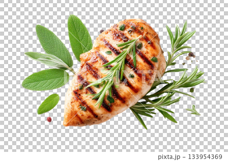 Grilled chicken breast garnished with fresh herbs and spices on a white background for culinary presentation. Isolated on transparent background 133954369
