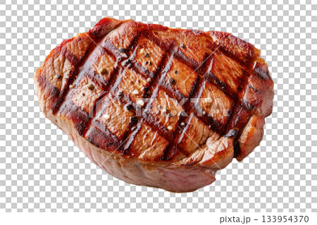 Grilled steak with perfect sear marks, showcasing juicy texture and appetizing appearance for culinary presentations. Isolated on transparent background 133954370