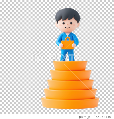 A playful figure stands atop stacked orange rings, holding a small orange briefcase, symbolizing growth and achievement. A playful figure stands atop stacked orange rings, holding a small orange briefcase, symbolizing growth and achievement. 133954430