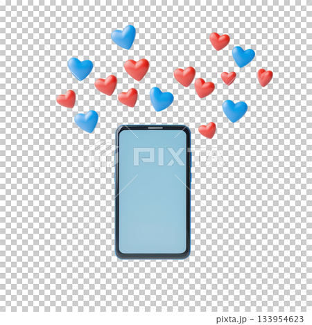 A smartphone displaying a blank screen with colorful hearts floating above it, conveying a theme of love and connection. 133954623