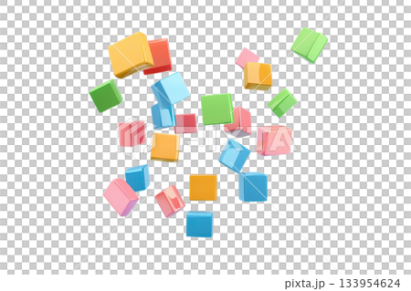 Colorful, assorted cubes in various sizes scattered in a dynamic arrangement. Colorful, assorted cubes in various sizes scattered in a dynamic arrangement. 133954624