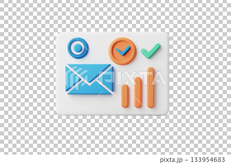 A colorful icon featuring an envelope, checkmark, and bar graph, symbolizing email communication and data analytics. 133954683