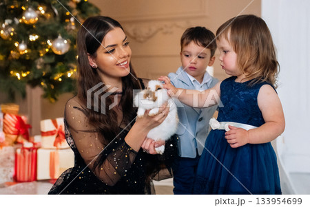 Family celebration with children and a rabbit during a festive holiday season in a cozy home decorated with lights and gifts 133954699