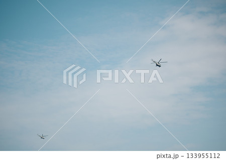 Russian MI-8 helicopter in flight Russian MI-8 helicopter in flight 133955112