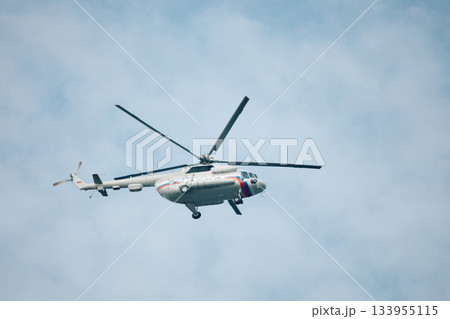 Russian MI-8 helicopter in flight Russian MI-8 helicopter in flight 133955115