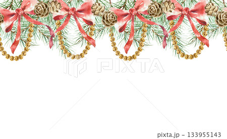 Christmas seamless border with red bows, hanging golden beads and fir branches. Hand drawn isolated watercolor illustration. For New Years cards, invitations and banners. Christmas seamless border with red bows, hanging golden beads and fir branches. Hand drawn isolated watercolor illustration. For New Years cards, invitations and banners. 133955143