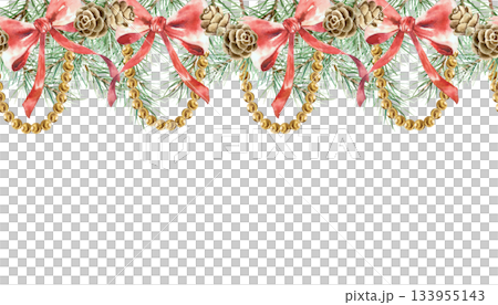 Christmas seamless border with red bows, hanging golden beads and fir branches. Hand drawn isolated watercolor illustration. For New Years cards, invitations and banners. Christmas seamless border with red bows, hanging golden beads and fir branches. Hand drawn isolated watercolor illustration. For New Years cards, invitations and banners. 133955143