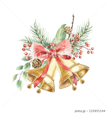 Christmas golden bells with a red bow, fir branches, sprigs of red berries, pine cones and eucalyptus. Hand drawn watercolor illustration, isolated. For New Years cards, invitations and stickers. 133955144