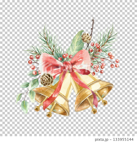 Christmas golden bells with a red bow, fir branches, sprigs of red berries, pine cones and eucalyptus. Hand drawn watercolor illustration, isolated. For New Years cards, invitations and stickers. 133955144