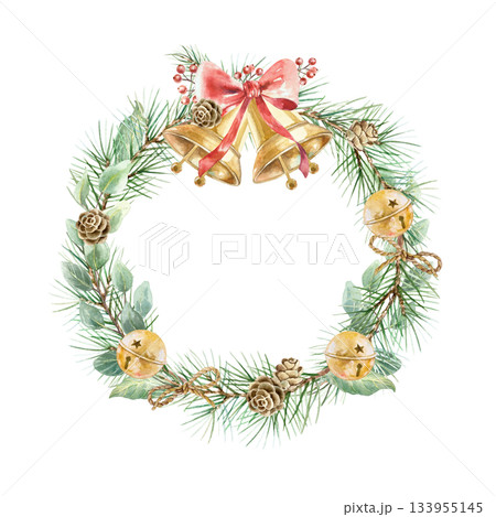 Christmas wreath with golden bells, fir branches, a sprig of eucalyptus and pine cones. Hand drawn watercolor illustration, isolated. For New Years cards, invitations and labels. 133955145