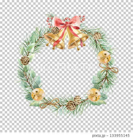 Christmas wreath with golden bells, fir branches, a sprig of eucalyptus and pine cones. Hand drawn watercolor illustration, isolated. For New Years cards, invitations and labels. 133955145