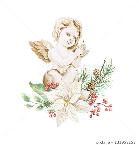 Christmas angel holding a candle, decorated with a poinsettia flower, fir branches and red berries. Hand drawn watercolor illustration, isolated. For vintage New Years cards, invitations and labels. 133955155