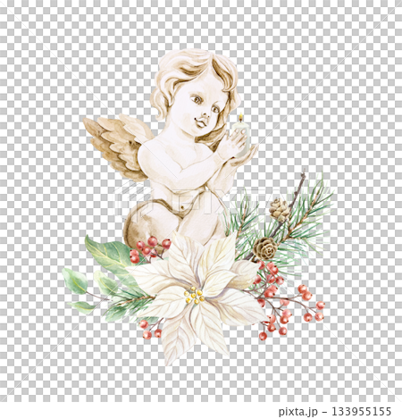 Christmas angel holding a candle, decorated with a poinsettia flower, fir branches and red berries. Hand drawn watercolor illustration, isolated. For vintage New Years cards, invitations and labels. 133955155