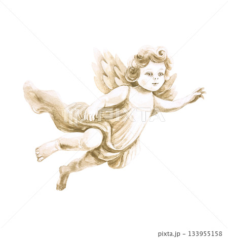Christmas angel flying with his hand raised. Hand drawn watercolor illustration isolated. For vintage New Years cards, invitations and labels. Perfect for Valentines Day greetings. Christmas angel flying with his hand raised. Hand drawn watercolor illustration isolated. For vintage New Years cards, invitations and labels. Perfect for Valentines Day greetings. 133955158