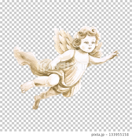 Christmas angel flying with his hand raised. Hand drawn watercolor illustration isolated. For vintage New Years cards, invitations and labels. Perfect for Valentines Day greetings. Christmas angel flying with his hand raised. Hand drawn watercolor illustration isolated. For vintage New Years cards, invitations and labels. Perfect for Valentines Day greetings. 133955158