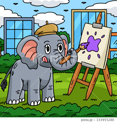 Elephant Painting Colored Cartoon Illustration  133955280