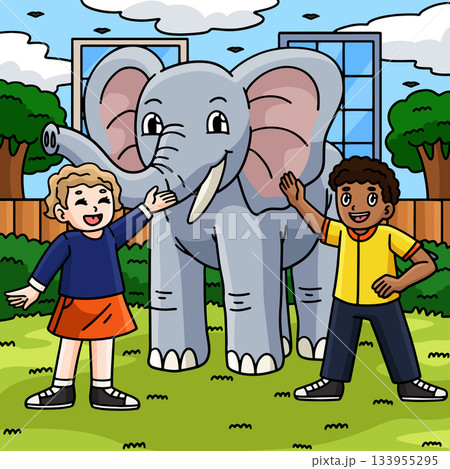 Elephant and Children Colored Cartoon Illustration 133955295