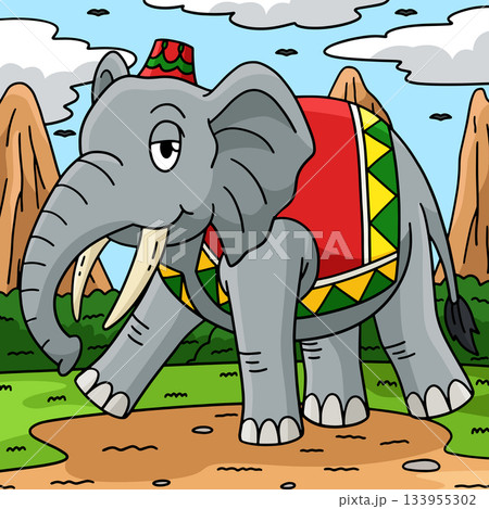 Elephant with Cap and Vest Colored Cartoon Elephant with Cap and Vest Colored Cartoon 133955302