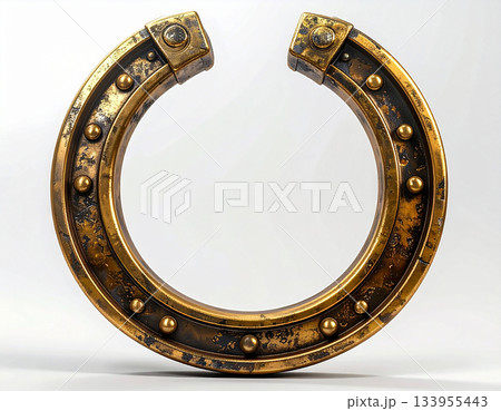 Talisman of fortune. Metal horse shoe on white background. Horse is symbol of 2026. Symbol of lucky. 133955443