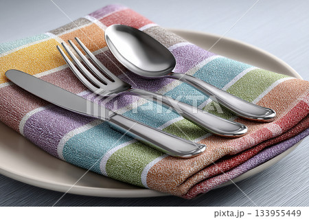 Marketing kitchenware and dining products. Bright silverware set. Fork, knife and spoon. Casual dining or lifestyle. Kitchenware and dining products. 133955449