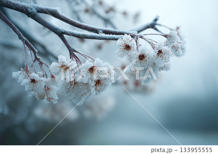 Frost-covered blossoms in winter landscape 133955555