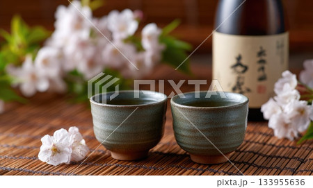 Traditional Sake Cups with Blossoms on Wooden Mat 133955636