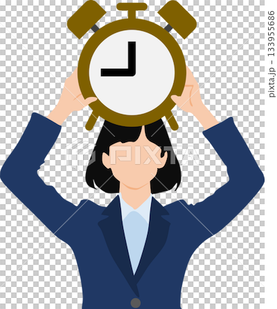 Illustration of a businesswoman holding a large clock in both hands 133955686