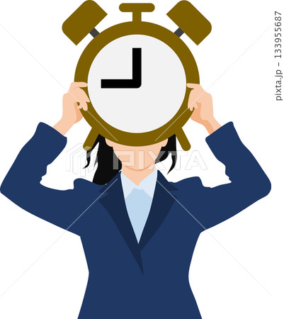 大きな時計を両手で持って掲げているビジネスウーマンのイラスト 133955687