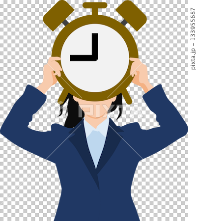 大きな時計を両手で持って掲げているビジネスウーマンのイラスト 133955687