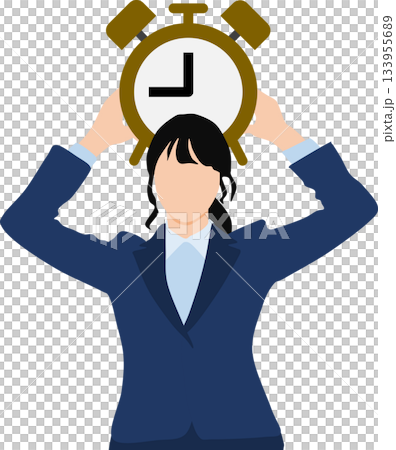Illustration of a businesswoman holding a large clock in both hands 133955689