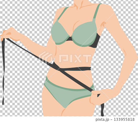 Illustration of a woman measuring her waist size with a tape measure Illustration of a woman measuring her waist size with a tape measure 133955818
