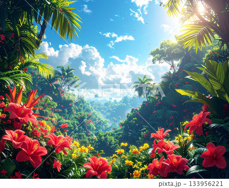 真夏の青空と太陽の陽射しが差し込む赤や黄のハイビスカスとモンステラが囲むトロピカルフレーム 133956221