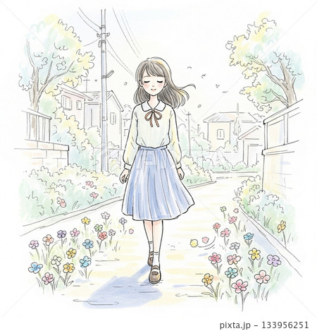 春の街を歩く女の子 133956251