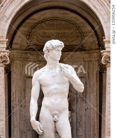 e statue of David by Michelangelo. It isfoot stature and is carved of marble.carved., Rome, Italy. e statue of David by Michelangelo. It isfoot stature and is carved of marble.carved., Rome, Italy. 133956254