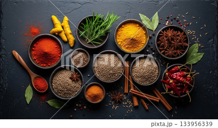various spices on black stone background 133956339