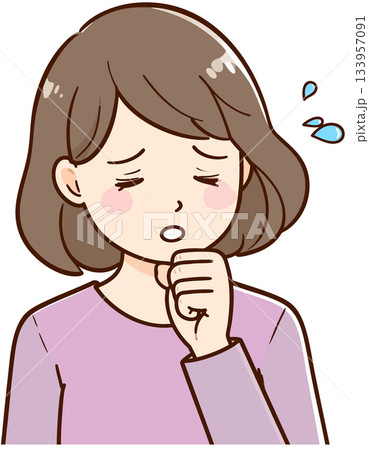 体調不良で口元を抑え咳き込む女性のシンプルなイラスト 体調不良で口元を抑え咳き込む女性のシンプルなイラスト 133957091