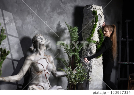 Gallery scene showcasing thoughtful botanical decoration placement Gallery scene showcasing thoughtful botanical decoration placement 133957334
