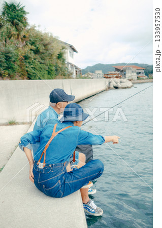 海辺で釣りを楽しむシニア夫婦の後ろ姿 133957530