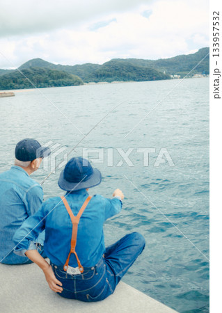 海辺で釣りを楽しむシニア夫婦の後ろ姿 海辺で釣りを楽しむシニア夫婦の後ろ姿 133957532