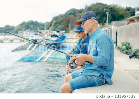 海辺で釣りを楽しむシニア夫婦の後ろ姿 133957538