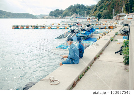 海辺で釣りを楽しむシニア夫婦の後ろ姿 133957543