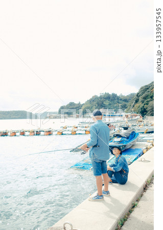海辺で釣りを楽しむシニア夫婦の後ろ姿 133957545