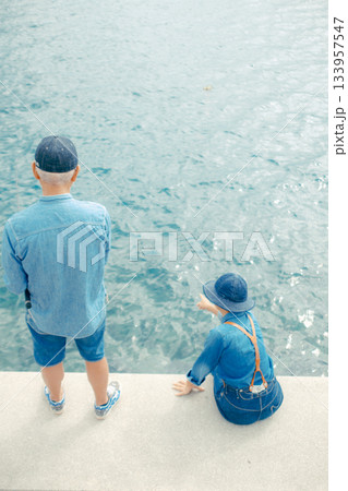 海辺で釣りを楽しむシニア夫婦の後ろ姿 海辺で釣りを楽しむシニア夫婦の後ろ姿 133957547
