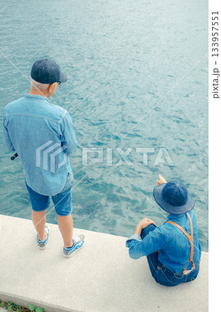 海辺で釣りを楽しむシニア夫婦の後ろ姿 133957551