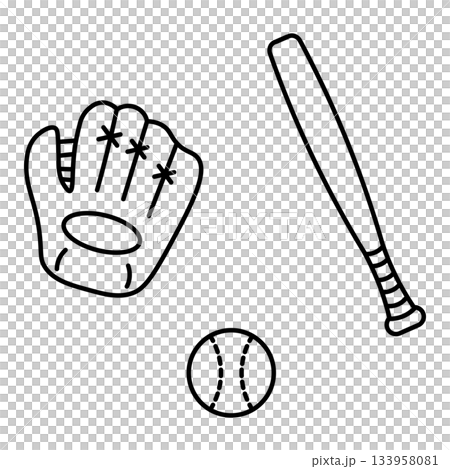 野球のグローブとバットとボールの線画イラスト 野球のグローブとバットとボールの線画イラスト 133958081