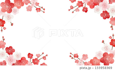 年賀状フレーム 紅白梅と水彩 和風モダン 133958369