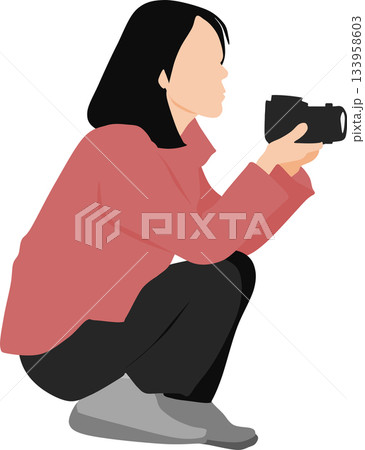 一眼レフで写真撮影する女性のイラスト	 133958603