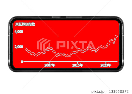 背景が赤色のスマートフォン画面に長期的な株価の推移を表示させているイメージ:切り抜き透過バック素材 背景が赤色のスマートフォン画面に長期的な株価の推移を表示させているイメージ:切り抜き透過バック素材 133958872
